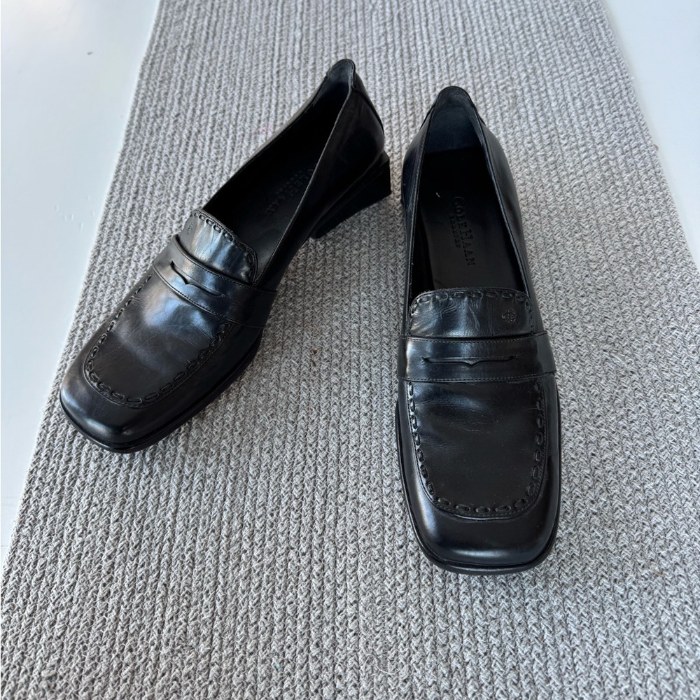 Cole Haan Black Leather Sculptural Block Heel Square Toe Loafers CBK Sz 9.5